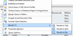 The context menu used to access "results to file"