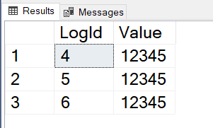 Results of a query which contain three rows with LogIds 4, 5 and 6